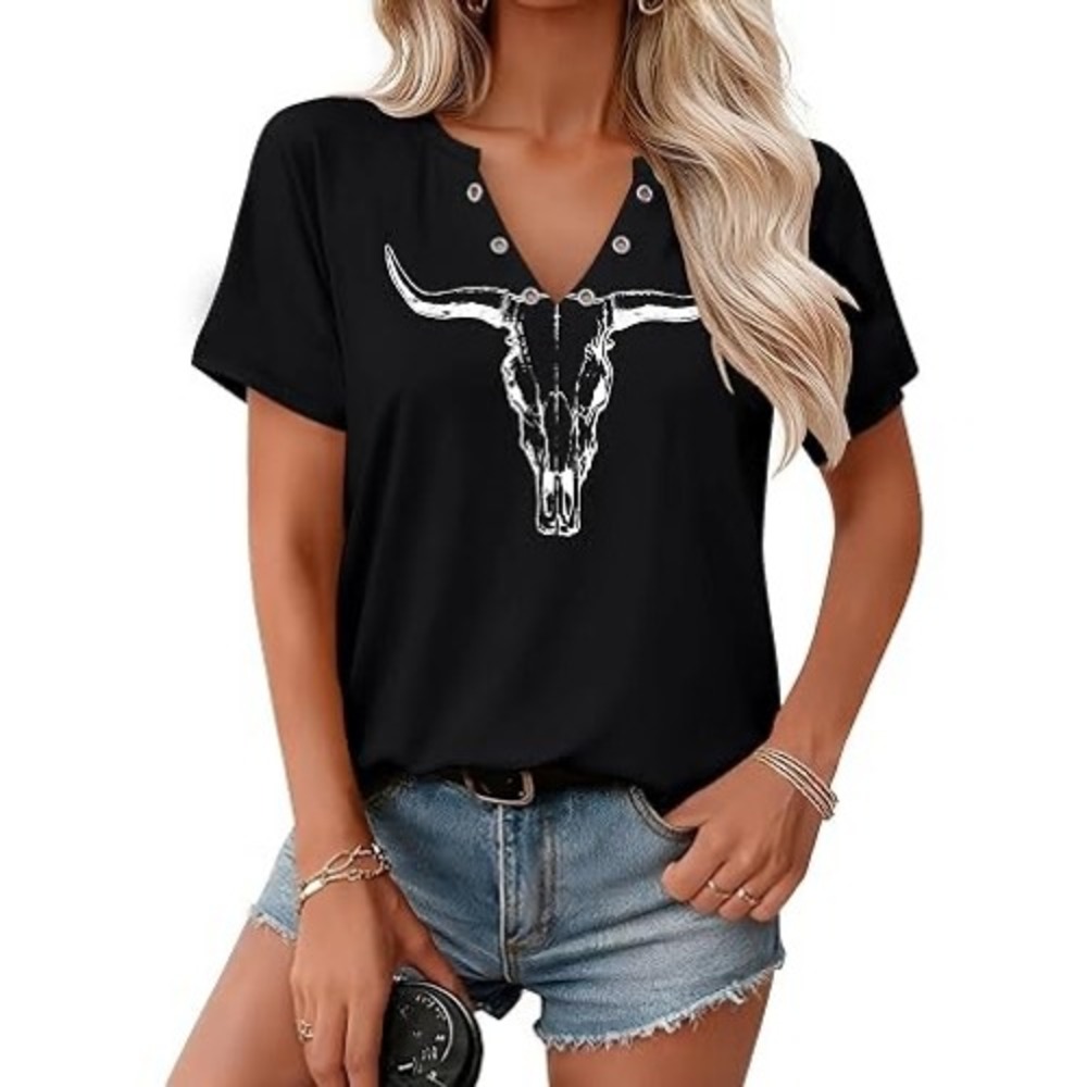 Women's Sz Small V-Neck T-Shirt Black White Cow Bull Head Grommets V-Neck Cotton
